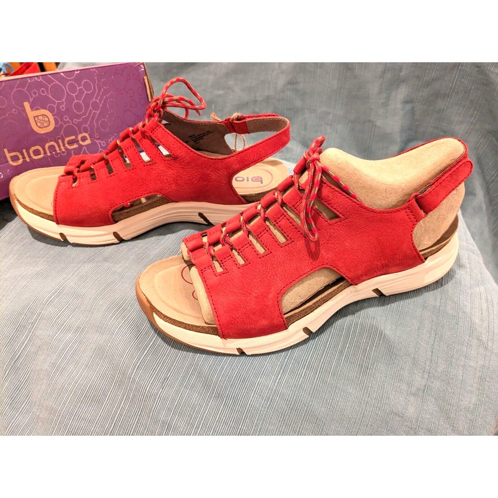 NWT Bionica Ormond Red Leather Summer Sandals Womens Size 10M Lace up Slingback
